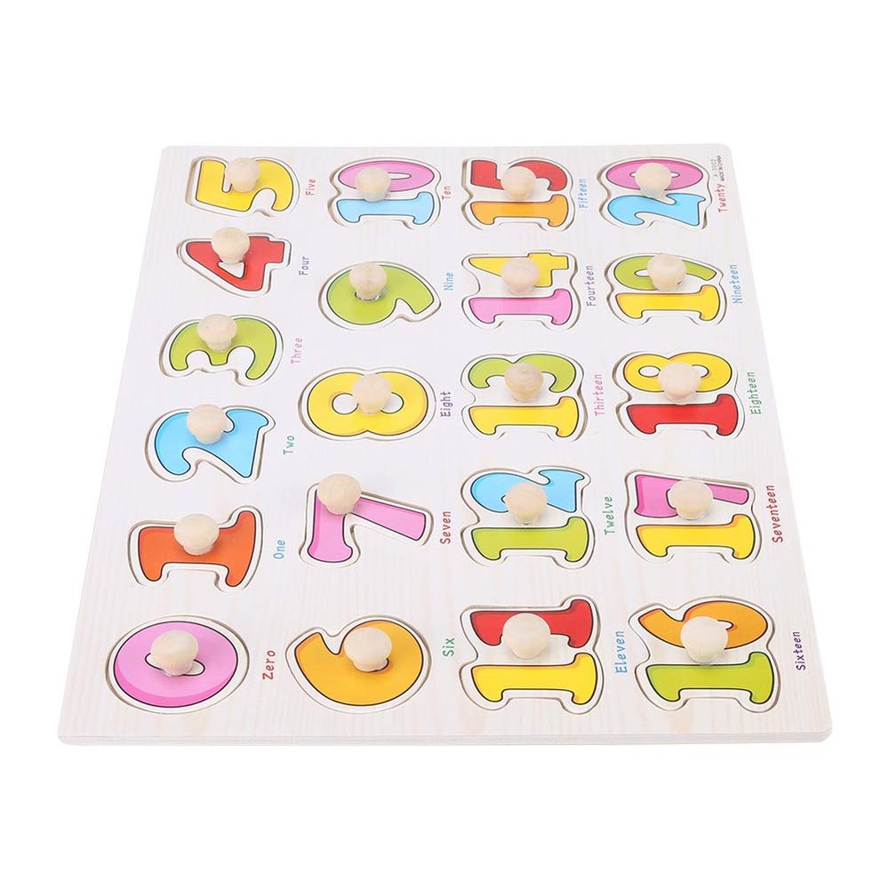 Hilitand Wooden Knob Puzzle Toy, Safe Colorful Learning Matching Board for Toddlers Preschool Kids Wooden Number Animal Fruit Theme Round Grip 1 Pack