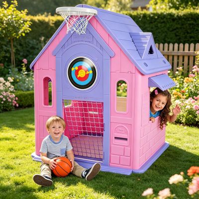 Petyee Kids Outdoor Playhouse, 5-in-1 Girl Cottage Playhouse with Basketball Hoop, Magnetic Dartboard, Soccer Goal & Ring Toss, Toy for Children Ages 28,Pink