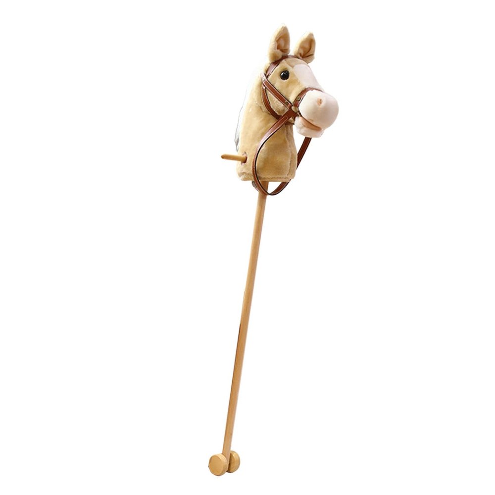kowaku Stick Horse Plush Hobby Horse Riding Stick with Wooden Pole Handle and Realistic Hoof Neighing Sounds Suitable for Children Indoor Play Birthday Gift, Yellow with Wheels