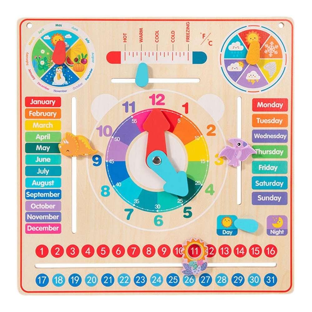 Guohetuk Wooden Calendar Clock Board Kids Educational Learning Toy Date Season Weather Board Suitable for Children Classroom Home Use 29.3cmx29.3cm