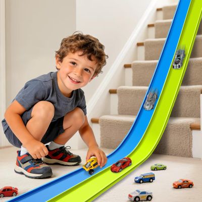 Flexible Race Track Toys for Kids, 15 Ft Flex Tracks Starter Set with Strong Suction Cups - Compatible with Hot Wheels and Diecast 1/64th Cars, Rolls up Portable Race Car Ramp Track (Blue Green)