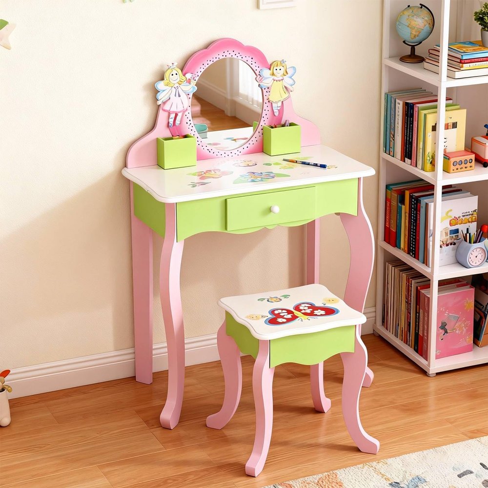 Qryselen Kids Vanity Set, Table & Chair Vanity Set with Mirror for Girls