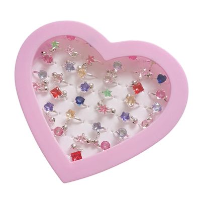 ABCISI Girls Rhinestone Jewelry Rings Set 36 Pack, Adjustable Crystal Rings in Heart Display Box, Gemstone Rings for Princess Dress-Up, Pretend Play and Birthday Christmas Gift