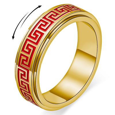 Spinner Fidget Ring for Adults - Red Greek Key Stainless Steel Spinning Ring for Anxiety & Stress Relief, Office Desk, Study, Travel, Classic Vintage Meander Jewelry Gifts for Women & Men (Gold, 7)
