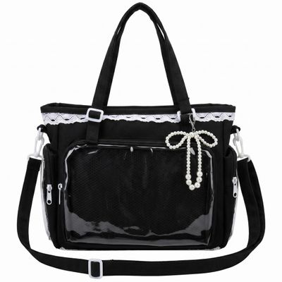 Black Ita Bag, Ita Bag With Clear Window & Japanese Lace Accents, Multi-carry Pin Display, Canvas Kawaii Purse, Black, Party Decors