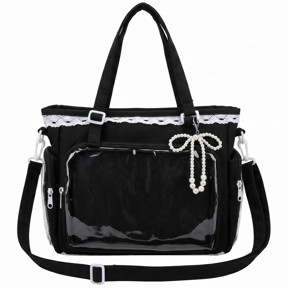 Black Ita Bag, Ita Bag With Clear Window & Japanese Lace Accents, Multi-carry Pin Display, Canvas Kawaii Purse, Black, Party Decors