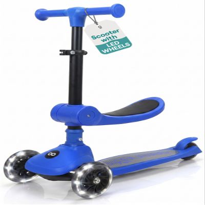 SereneLife 3 Wheel Scooter for Toddlers & Kids, Foldable Seat, LED Wheels, Adjustable Handlebar, Anti-Slip Deck, Rear Foot Brake, Lean-to-Steer, Kid Scooter Ages 18M7Y, Supports up to 110 lbs., Blue