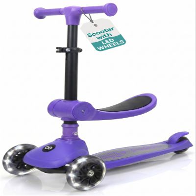 SereneLife 3 Wheel Scooter for Toddlers & Kids, Foldable Seat, LED Wheels, Adjustable Handlebar, Anti-Slip Deck, Rear Foot Brake, Lean-to-Steer, Kid Scooter Ages 18M7Y, Supports up to 110 lbs, Purple