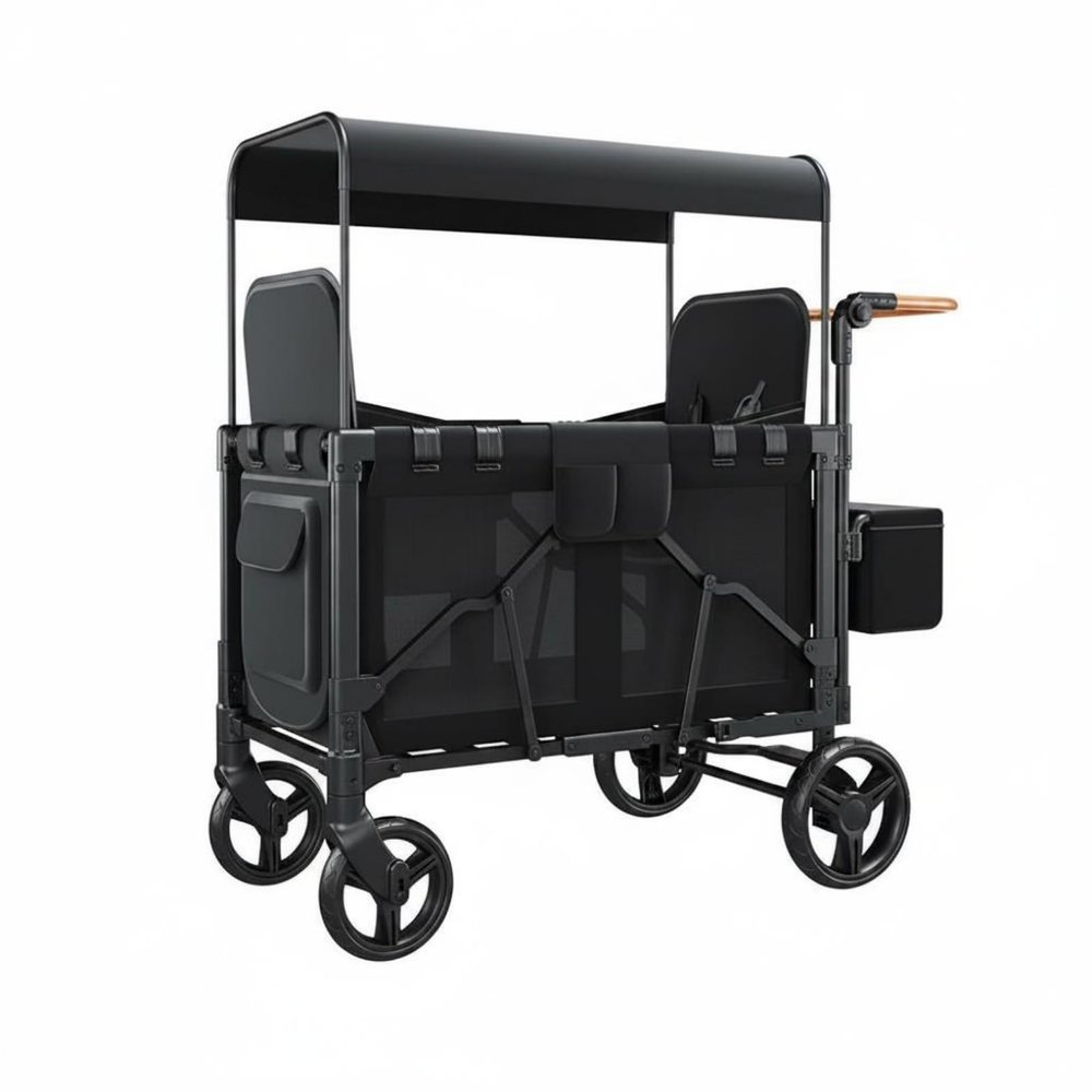 MYCENSE Children Pram Wagon Foldable Carrier Two Padded Seat Sections Mesh Ventilation Storage Compartments Suitable for Families Outings, Black