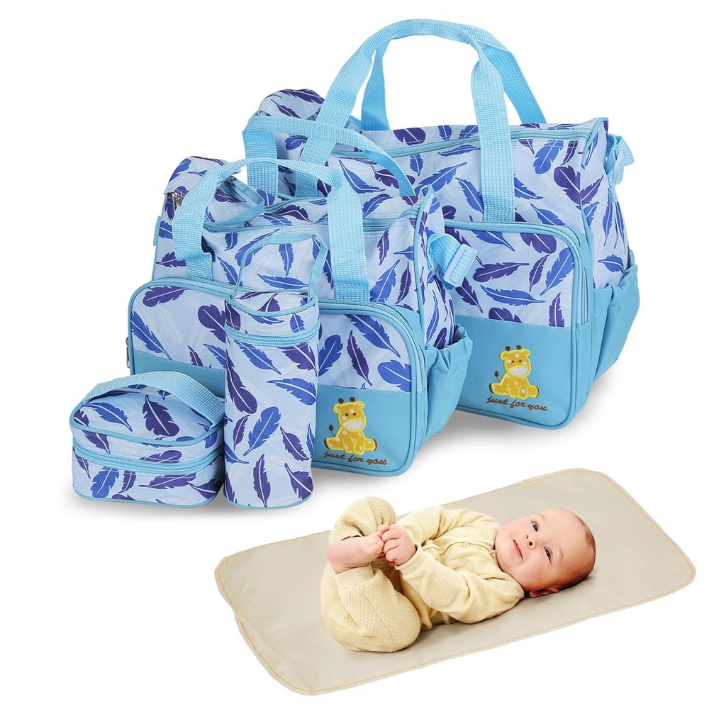 5Pcs Nappy Diaper Bags Set Mummy Diaper Handbags with Diaper Pad Food Bag Bottle Bag Travel Tote Bags For Mom Dad(LightBlue)