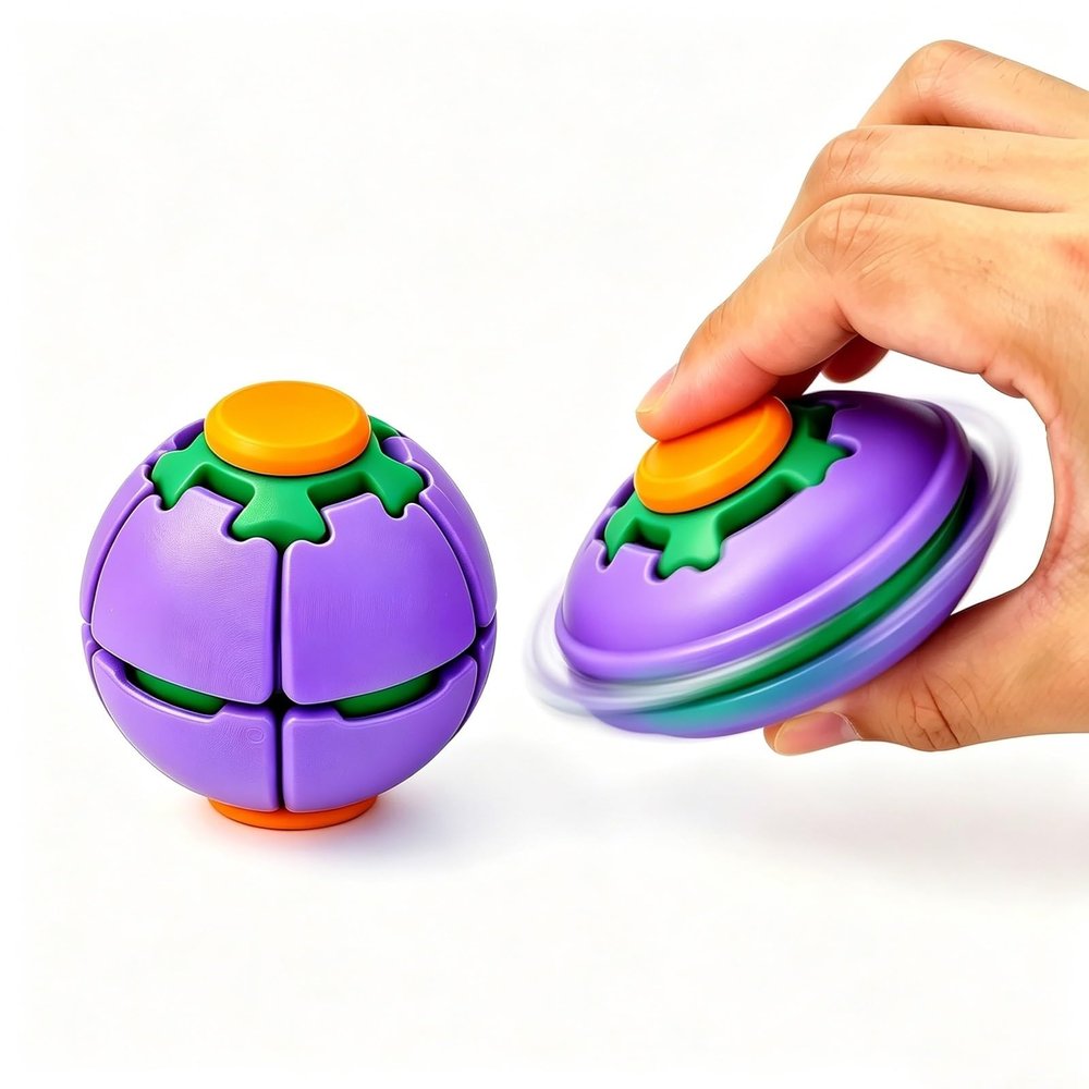 3D Push-and-Spin Stress Relief Ball, Press & Spin Dual Play Fidget Spinner, Transformable Kinetic Desk Toy, Portable Desk Fidget Toy for Office Adults, Perfect Birthday (Purple)