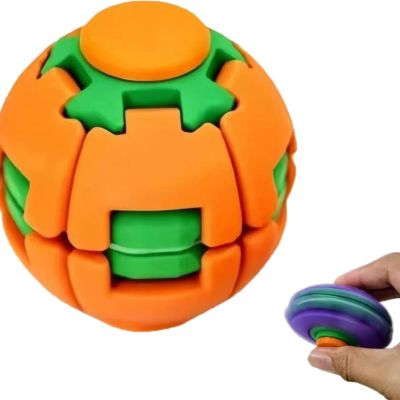 3D Push-and-Spin Stress Relief Ball, Press & Spin Dual Play Fidget Spinner, Transformable Kinetic Desk Toy, Portable Desk Fidget Toy for Office Adults, Perfect Birthday (Orange)
