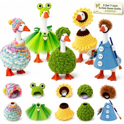 5 Set 7 Inch Desk Goose Outfits, Magnetic Mini Porch Geese Clothes (Everyday Decor), Cute Duck Statue Dress Accessories, Small Table Ornament for Office Keychain Holder, Daily Use