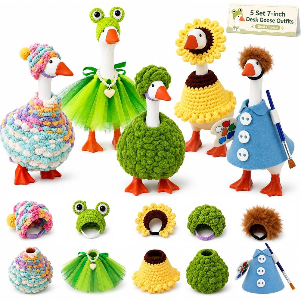 5 Set 7 Inch Desk Goose Outfits, Magnetic Mini Porch Geese Clothes (Everyday Decor), Cute Duck Statue Dress Accessories, Small Table Ornament for Office Keychain Holder, Daily Use
