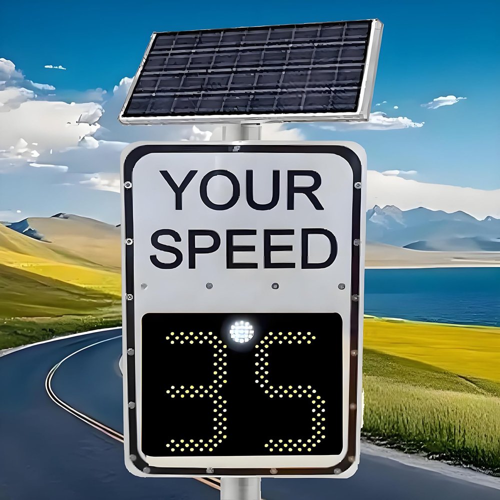 Radar Speed Sign, Solar Powered LED Speed Display Aluminum Traffic Sign with Remote Control, Adjustable Speed Limit, 3-Digit Display