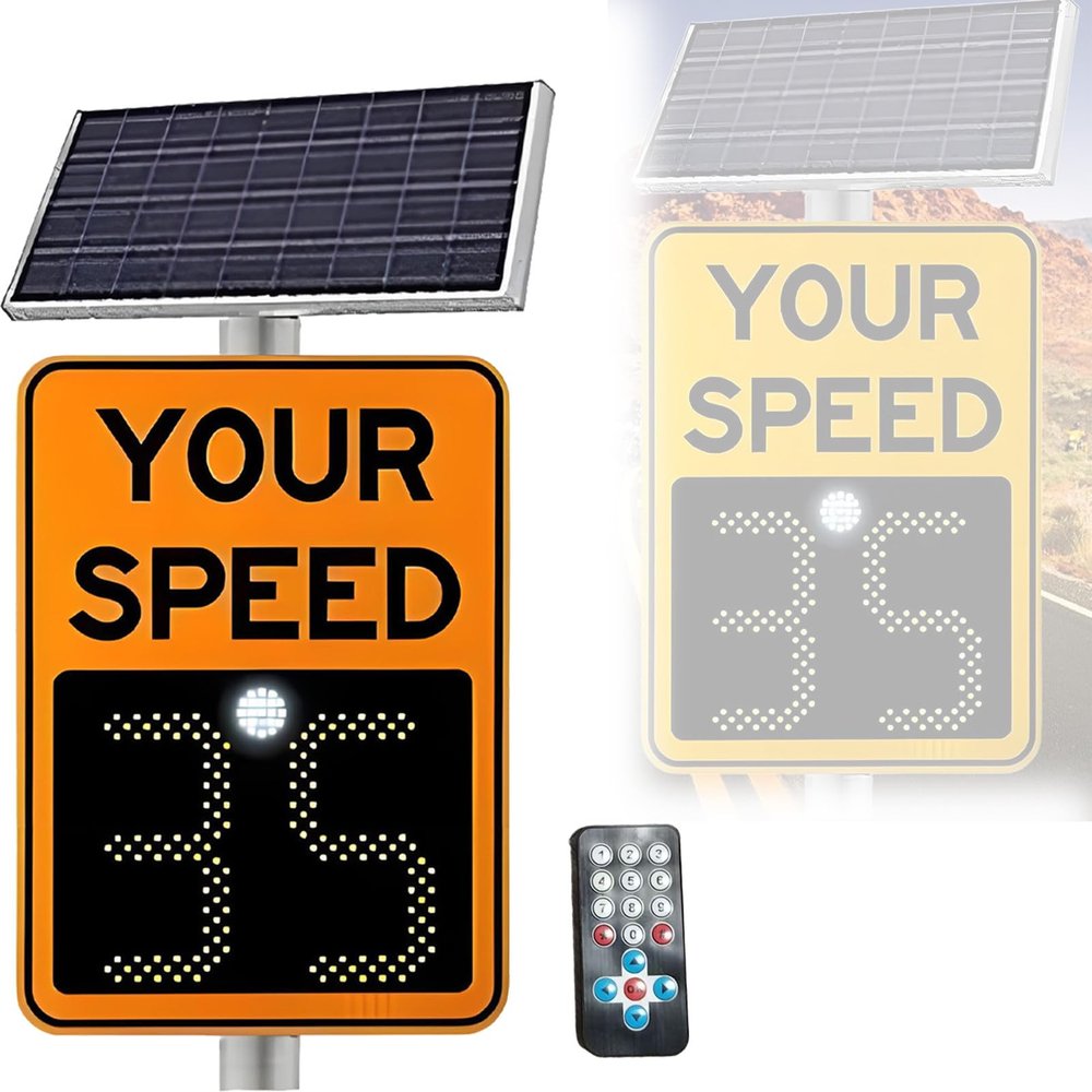 Solar Powered LED Radar Speed Feedback Traffic Warning Display Board, 2-Digit Speed Indicator, Remote Control, IP65 Waterproof, 23.6in x 35.4in for Roads