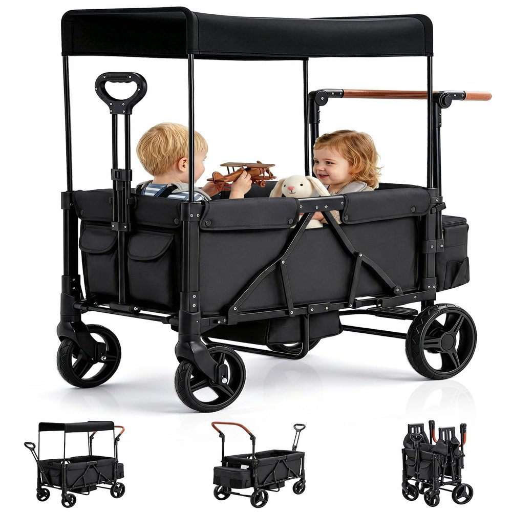 GODECOR Foldable Wagon Stroller for 2-Seat with Canopy & Storage Bag Black