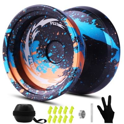 FS23 Finger Spin Yoyo - Professional Metal Trick Yo-yo, Responsive & Unresponsive Yo yo for Kids 8-12 & Adults, Dual Function Fingerspin Trick Yoyo with Strings & Accessories-Black Blue Orange