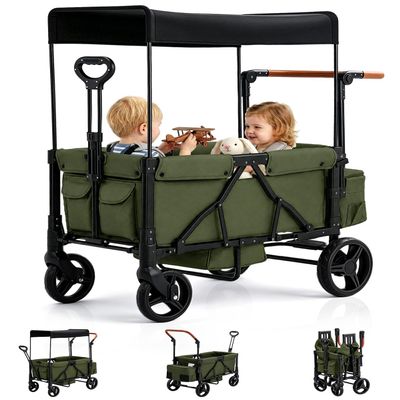 GODECOR Foldable Wagon Stroller for 2-Seat with Canopy & Storage Bag Green