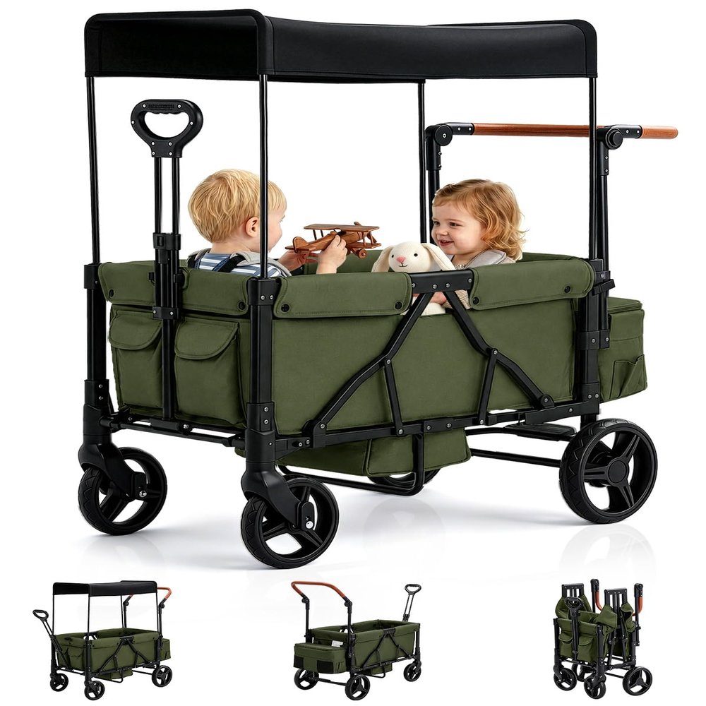 GODECOR Foldable Wagon Stroller for 2-Seat with Canopy & Storage Bag Green