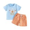 Dobeiokal Baby Boy Halloween Outfit Ghost Embroidery Short Sleeve T Shirt Boo Shirt Plaid Shorts Set Cute My First Halloween Baby Boy Outfit(G-blue ghost,6-12 Months) view 1