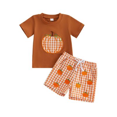 Dobeiokal Toddler Boy Halloween Outfit Pumpkin Embroidery Short Sleeve T Shirt Pumpkin Shirt Plaid Shorts Set Cute Baby Boy Halloween Outfit(G-coffee pumpkin,3-4T)