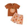 Dobeiokal Toddler Boy Halloween Outfit Pumpkin Embroidery Short Sleeve T Shirt Pumpkin Shirt Plaid Shorts Set Cute Baby Boy Halloween Outfit(G-coffee pumpkin,3-4T) view 1