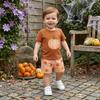Dobeiokal Toddler Boy Halloween Outfit Pumpkin Embroidery Short Sleeve T Shirt Pumpkin Shirt Plaid Shorts Set Cute Baby Boy Halloween Outfit(G-coffee pumpkin,3-4T) view 2