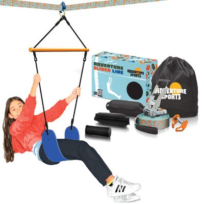 Adventure Sports 30' Slider Line for Kids, Backyard Zip Line Slack Line Set with Blue Swing, Ages 5 and Up, 250 lb Capacity