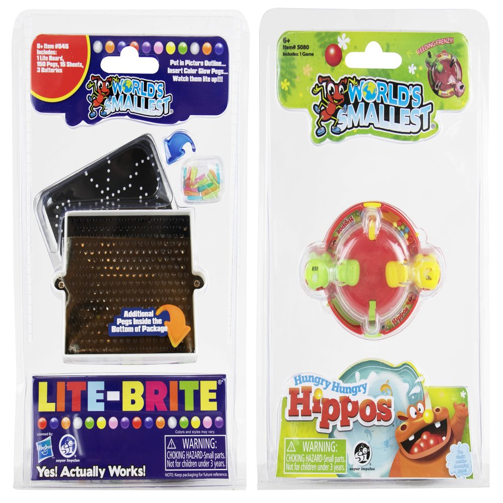 World's Smallest Lite-Brite & Hungry Hungry Hippos Mini Game Set of 2, Ages 8+