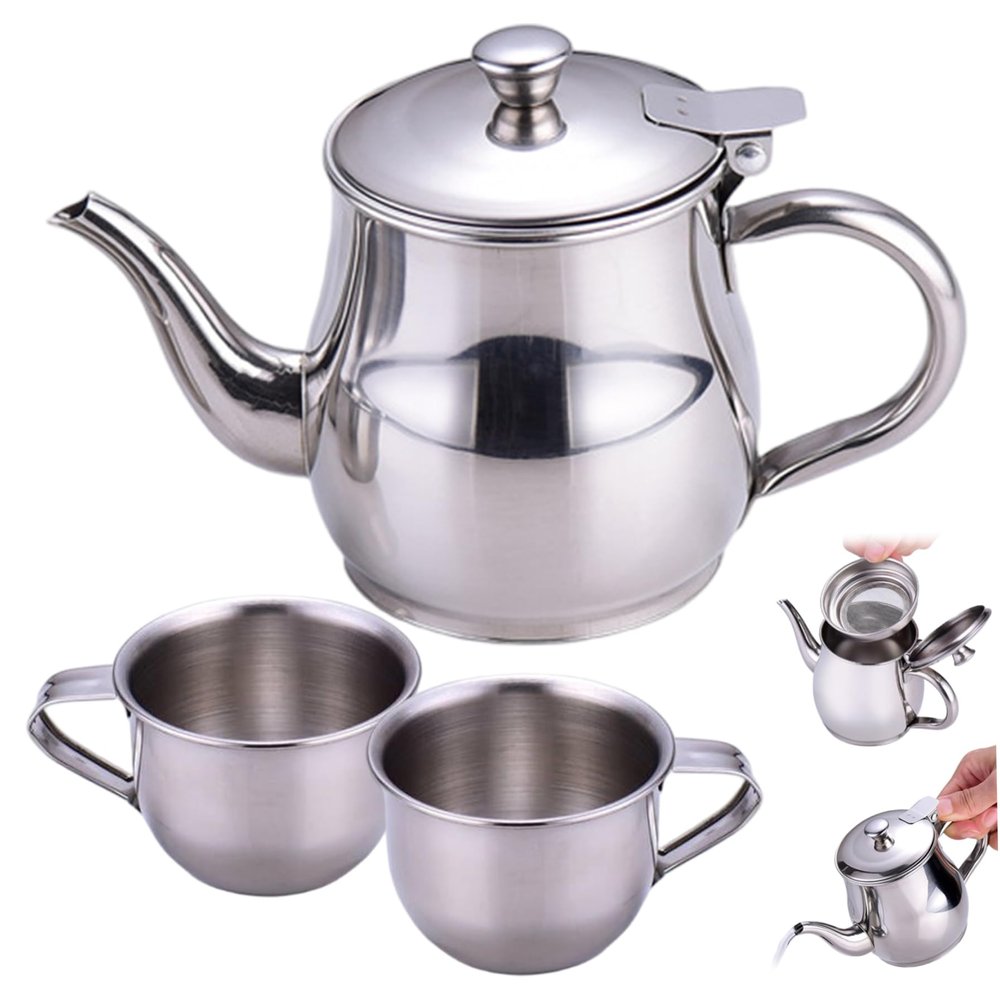 Kids Tea Set Includes Portable 330ml Stainless Steel Long Spout Teapot with Filter Screen and 2 70ml Cups for Children