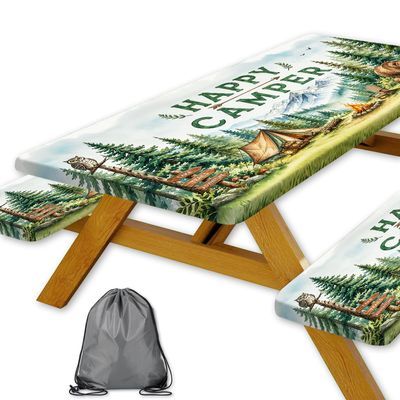Kids Picnic Table Cover with Bench Covers, Happy Camper Watercolor Forest Wildlife Waterproof Elastic Fitted Tablecloths for Rectangle Tables, Washable Tablecloth for Camping, Outdoor 3 Pcs 30x72 Inch