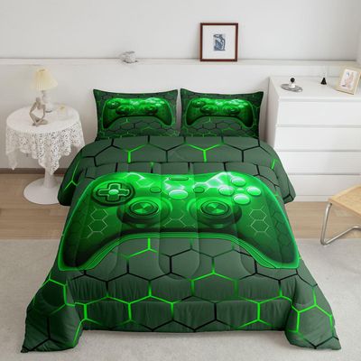 Homewish Neon Gamers Toddler Size Comforter Set,Gamepad Bedding Sets 2Pcs for Kids Girls Boys Room Decor,Video Games Quilted Duvet Honeycomb Hexagon Down Comforter,1 Pillowcase