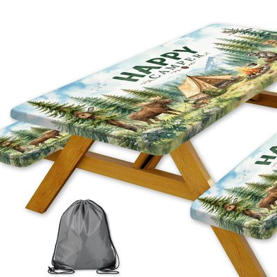 Kids Picnic Table Cover with Bench Covers and Bag, Happy Camper Funny Wildlife Waterproof Elastic Fitted Tablecloths for Rectangle Tables, Washable Tablecloth for Camping, Outdoor, 3 Pcs 30x60 Inch