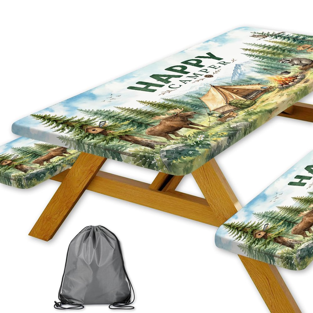 Kids Picnic Table Cover with Bench Covers and Bag, Happy Camper Funny Wildlife Waterproof Elastic Fitted Tablecloths for Rectangle Tables, Washable Tablecloth for Camping, Outdoor, 3 Pcs 30x60 Inch