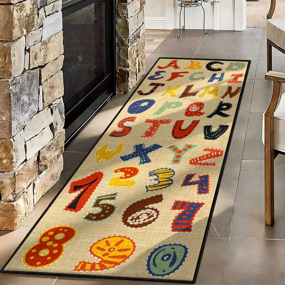 SMXVRC Alphabet Runner Rug for Kids, 2x10ft, ABC & 123 Educational Learning Hallway Rug, Patchwork Fabric Style Washable Non Slip Entry Carpet for Preschool Classroom Nursery