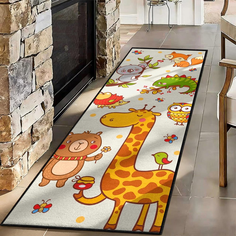 SMXVRC Kids Animal Runner Rug, 4x12ft, Cute Woodland Forest Nursery Hallway Rug, Washable Non Slip Carpet for Playroom Bedroom, Toddler Baby Room Decorative Floor Runner