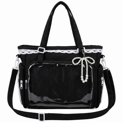 Pin Bag Black Ita Bag, Ita With Clear Window & Japanese Lace Accents, Multi-carry Pin Display, Canvas Kawaii Purse, Black