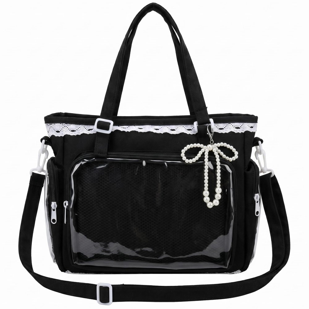 Pin Bag Black Ita Bag, Ita With Clear Window & Japanese Lace Accents, Multi-carry Pin Display, Canvas Kawaii Purse, Black