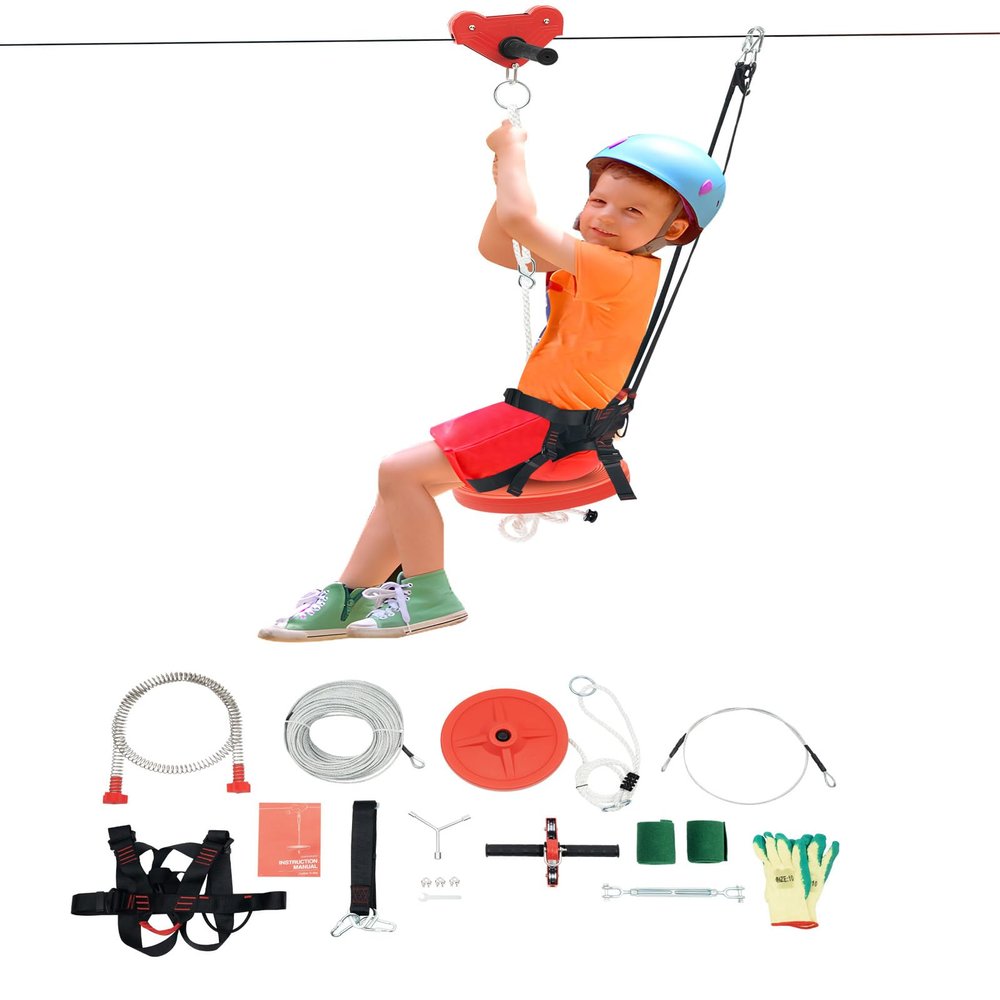 wruoiweods Zip Line Kit for Kids Teens, 160FT Zipline Up to 300Lbs, Stainless Steel Spring Brake, Tree Protection Covers, Safety Helmet & 2 Pairs Gloves, Quick Tighten Zipline Kits for Backyard