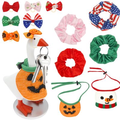 Tcwhniev Mini Desk Goose with 12pcs Outfits, 7in Mini Magnetic Desktop Goose Statue Key Holder with Bow Headband Bib Dress Halloween Accessories for Table Decor