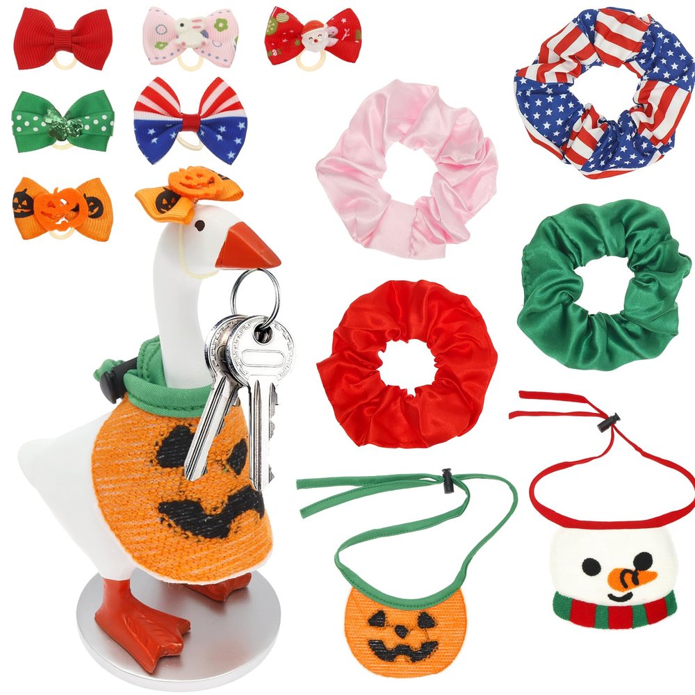 Tcwhniev Mini Desk Goose with 12pcs Outfits, 7in Mini Magnetic Desktop Goose Statue Key Holder with Bow Headband Bib Dress Halloween Accessories for Table Decor