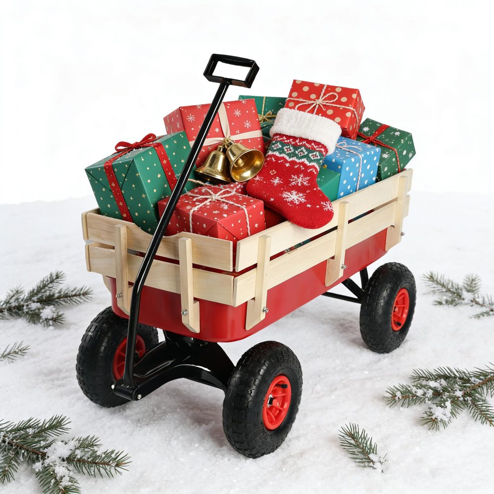 176lb Capacity Wooden-Sided Outdoor Sport Wagon with 10-Inch Inflatable Wheels, Adjustable Handle, Detachable Fence and Red Finish