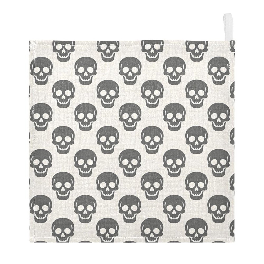 Kigai Skull Baby Muslin Washcloths, 5 Pack 4-Layer Cotton Face Towels with Hanging Loop, Soft Absorbent Wash Cloths for Newborns, 12 x 12 Inch
