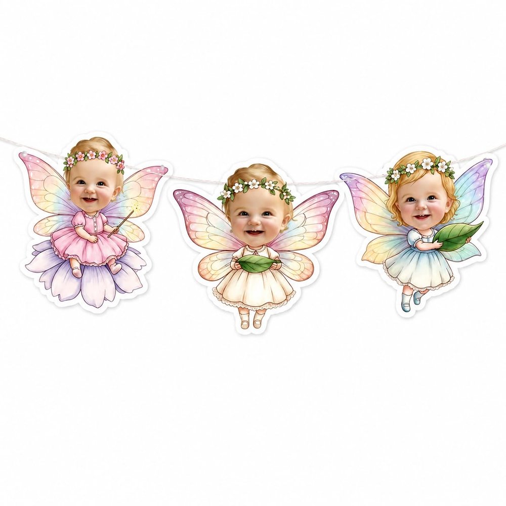 Custom Angel Fairy Baby Banner with Girl Face, Flower & Leaf Cupcake Topper