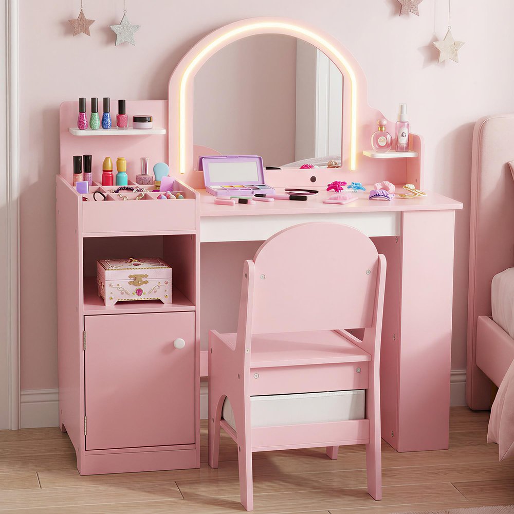 TODECARE 3 in 1 Kids Vanity with Chair and Lights, Bookshelf, Cabinet, Pink