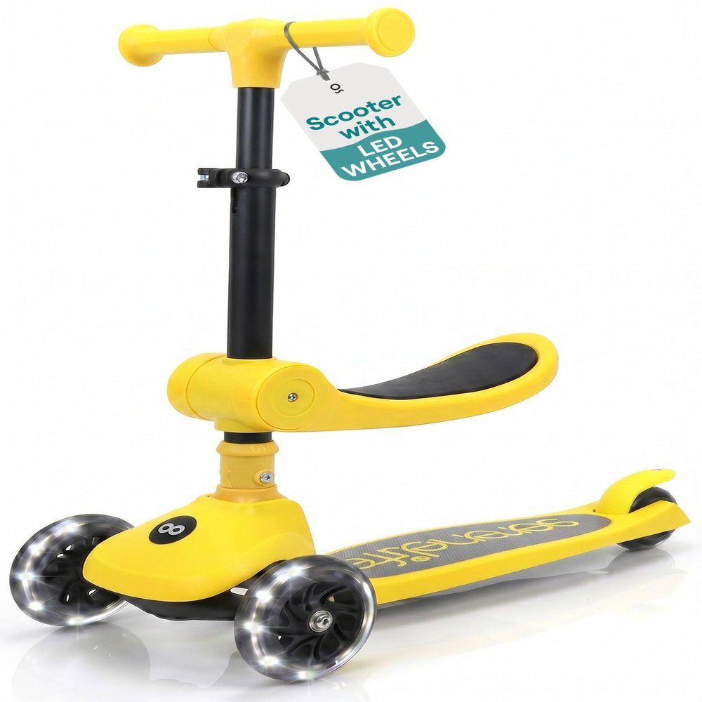 SereneLife 3 Wheel Scooter for Toddlers & Kids, Foldable Seat, LED Wheels, Adjustable Handlebar, Anti-Slip Deck, Rear Foot Brake, Lean-to-Steer, Kid Scooter Ages 18M7Y, Supports up to 110 lbs, Yellow