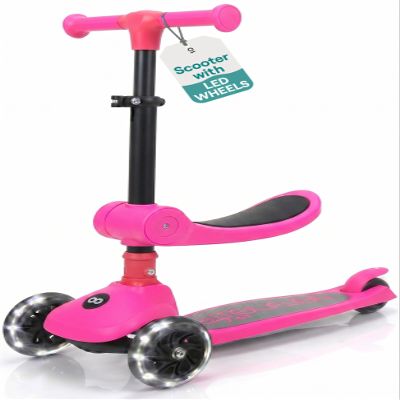 SereneLife 3 Wheel Scooter for Toddlers & Kids, Foldable Seat, LED Wheels, Adjustable Handlebar, Anti-Slip Deck, Rear Foot Brake, Lean-to-Steer, Kid Scooter Ages 18M7Y, Supports up to 110 lbs, Pink