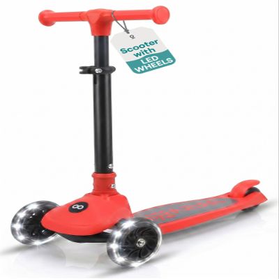 SereneLife 3 Wheel Scooter for Toddlers and Kids Foldable Kid Scooter with LED Wheels, Adjustable Handlebar, Rear Brake, Anti-Slip Deck, Kids 3 Wheel Scooter for Ages 3-7, Up to 110 lbs, Red