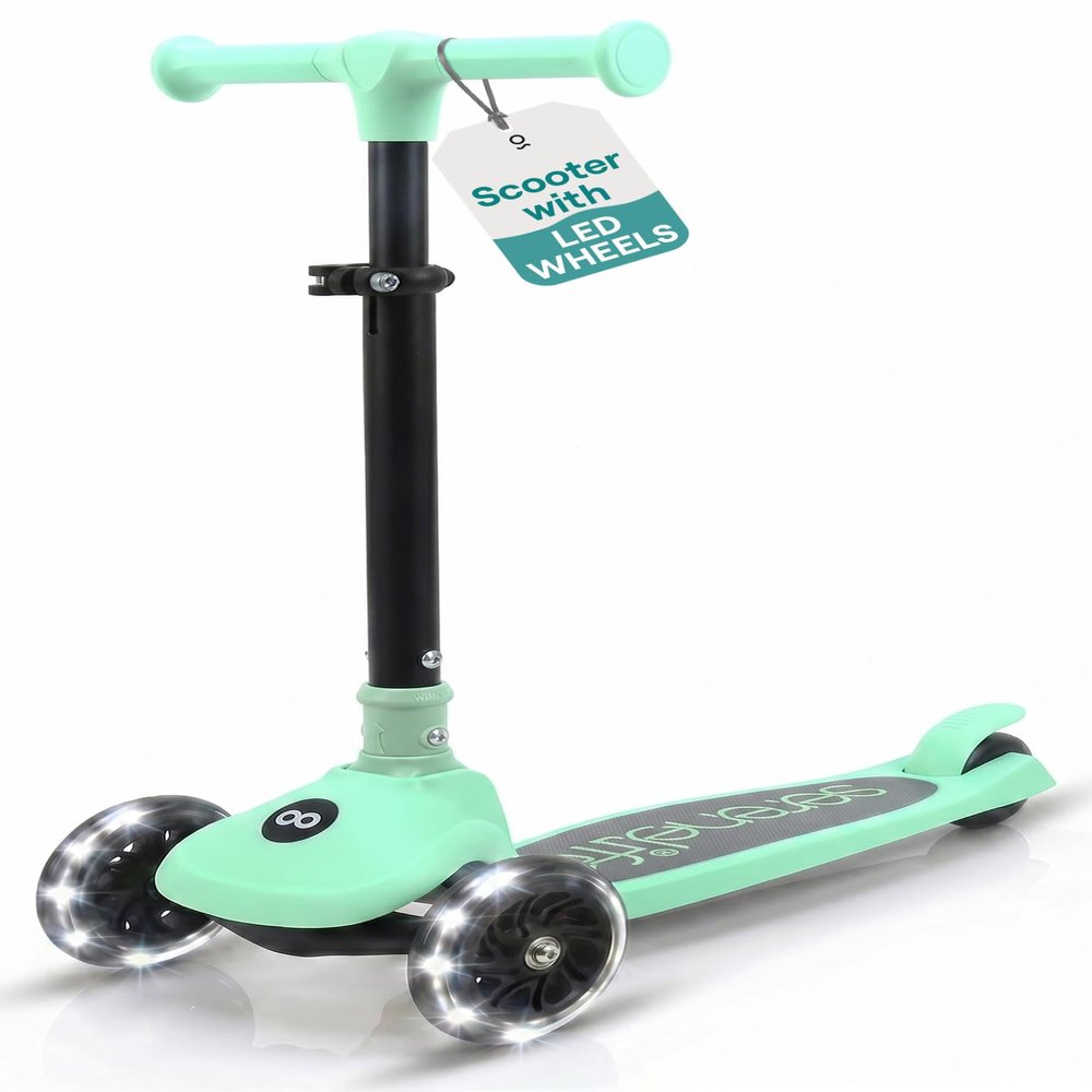 SereneLife 3 Wheel Scooter for Toddlers and Kids Foldable Kid Scooter with LED Wheels, Adjustable Handlebar, Rear Brake, Anti-Slip Deck Kids 3 Wheel Scooter for Ages 37, Up to 110 lbs